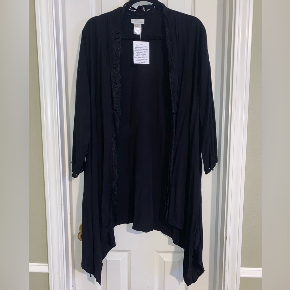 Soft‎ Surroundings Black Women's Asymmetrical Cardigan With Lace Trim